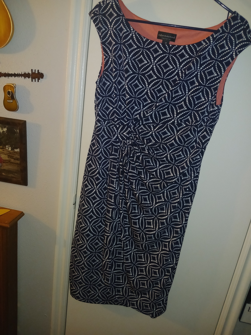 connected apparel Navy and Coral Trim Geometric Sheath Dress